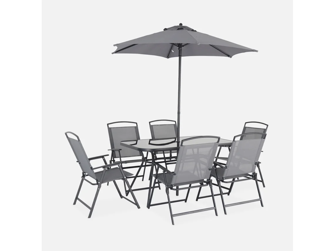 Conjunto De Jardim Com Mesa Em Aço Com 6 Cadeiras E 1 Guarda-sol, Cinza