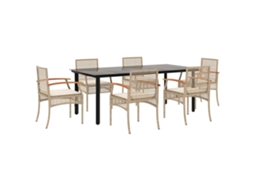 Conjunto 7 de jantar p/ jardim com almofadões VIDAXL vime PE bege