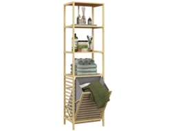 Coluna de banheiro com 3 prateleiras em Madeira de Bambu e cesta de roupa suja 44x33x160cm | S/MARCA