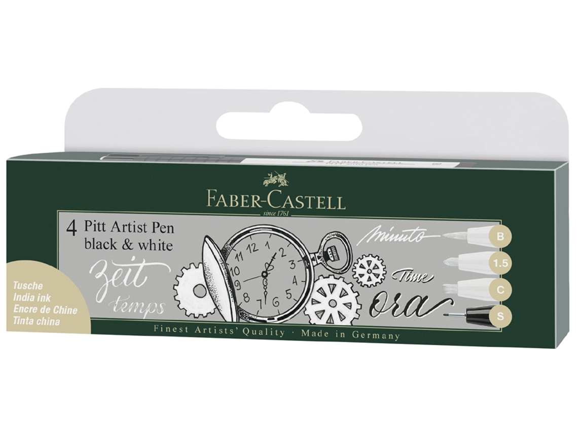 Faber-Castell Marcadores Tinta da China Pitt Artist Pen Black & White, 3 Brancos e 1 Preto, Embalagem 4 Unidades