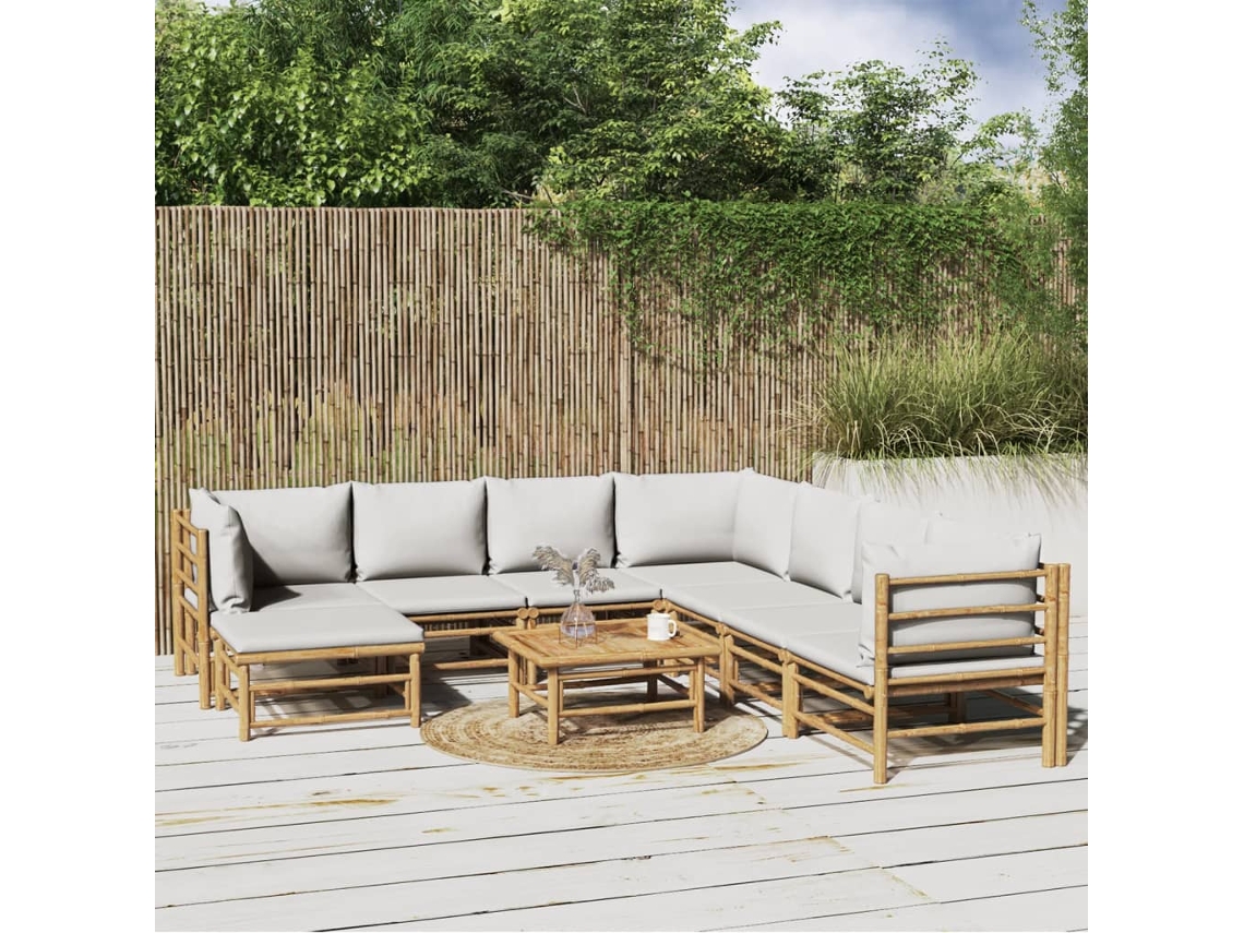 Vidaxl 9 Pcs Conj. Lounge De Jardim Bambu C/ Almofadões Cinzento-claro