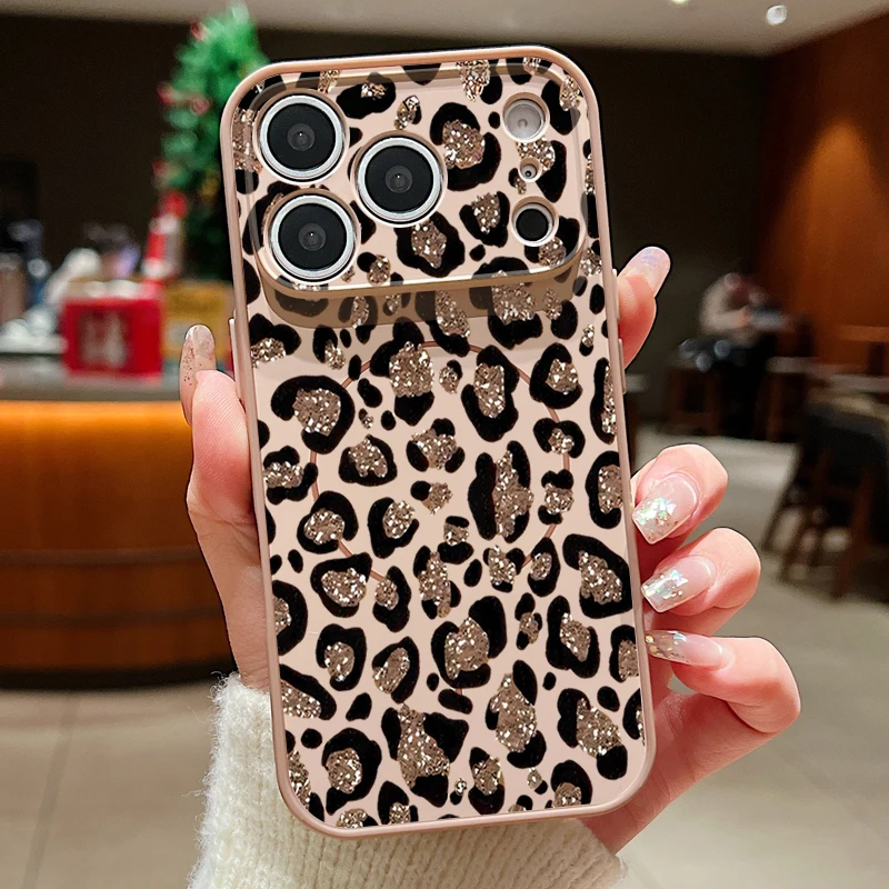 Capa Magnética Dourada Para Iphone 14 Pro Max Com Estampa De Leopardo, Proteção De Lente Resistente A Impactos.