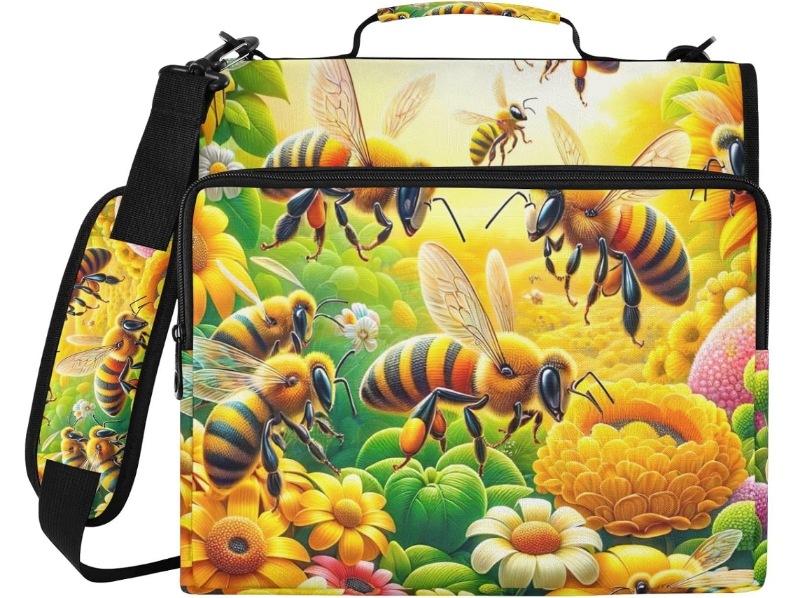 Pasta Organizadora Yellow Bees Com Zíper, Suporte Arquivos Com 3-argolas E Compartimento Laptop