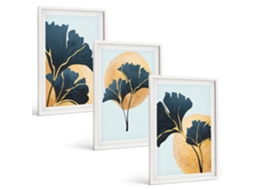 Conjunto De Pinturas Folhas De Ginkgo, Fundo Claro Moldura Branca Fotos Para O Escritório Espelharte (3 Piezas De 40x60 Cm)