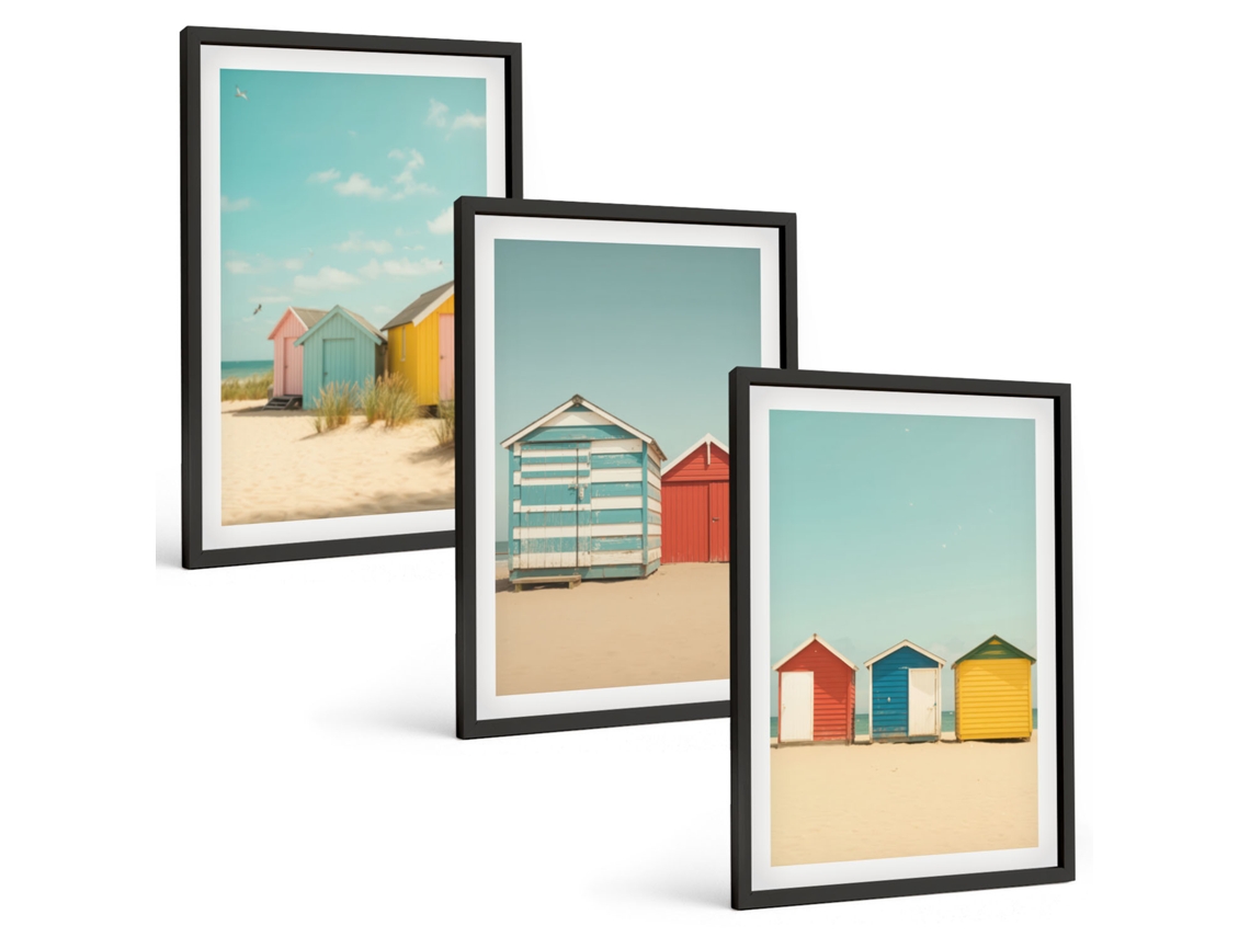 Galeria De Pinturas Murais Casas Coloridas Praia, Sol Moldura Preta Imagens Para Um Quarto Infantil Espelharte (3 Piezas De 40x60 Cm)