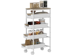 Carrinho De Cozinha De 5 Níveis Com 4 Cestos Removíveis, Feito De Metal, Pp E Madeira, 39,5 X 24 X 82 Cm, Branco E Carvalho.