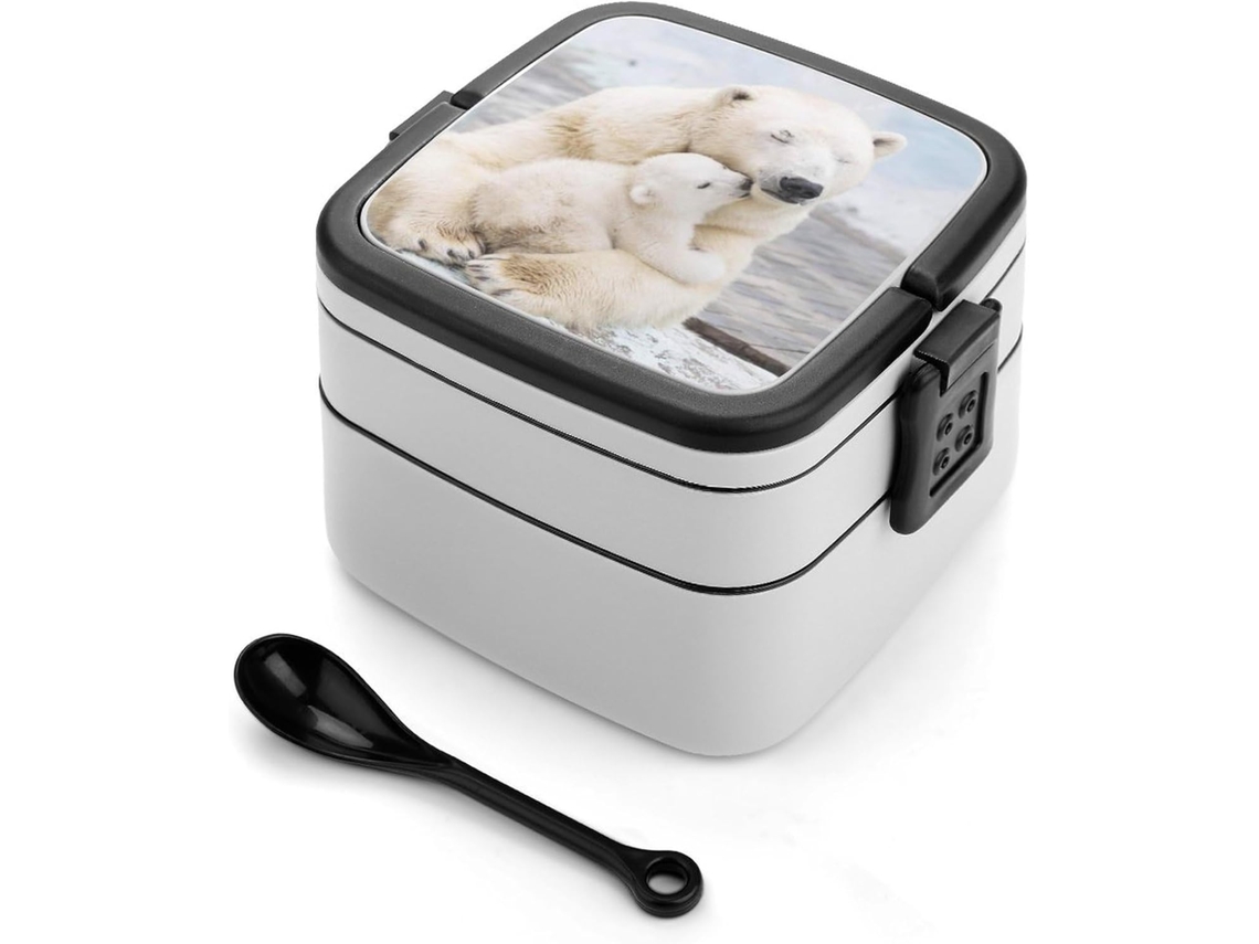 Polar Bear Love Marmita Bento Empilhável De Camada Dupla À Prova Vazamentos, 1000ml, Com Colher, Recipiente Portátil De