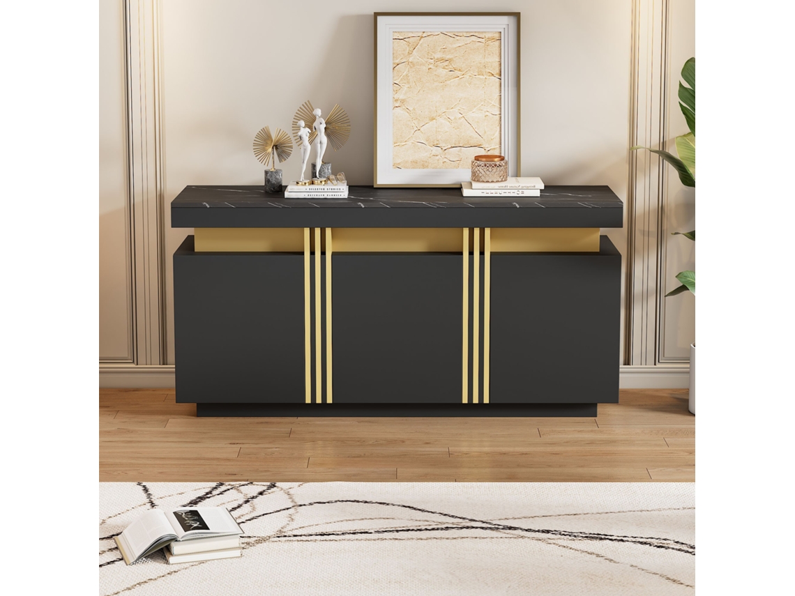 Buffet 140x38x70 Cm 3 Portas, Divisórias Ajustáveis, Perfeito Para Cozinha, Sala De Estar, Sala De Jantar, Corredor Preto E Dourado Estilo