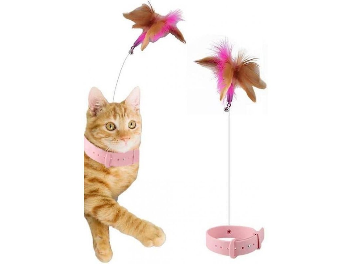 2026 brinquedo Interativo para Gatos com Penas e Cascavel, Coleira Ajustável, Bastão de Aço para Exercício e Diversão Rosa