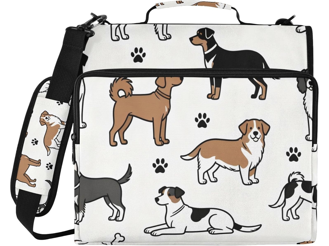 Pasta De 3 Argolas Com Zíper Cães, Preta E Marrom, Com Alça De Ombro E Mão, Com Vários Bolsos, Bolsa Guardar
