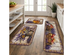 Tapetes de cozinha clássicos com estampa floral em tons de lavanda, violeta e girassol, laváveis e decorativos para uma cozinha.
