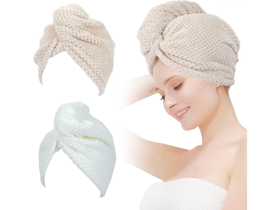 Toalha De Cabelo Em Microfibra, Cor Bege, Com Fixação Prática Para Secagem Rápida Elysve