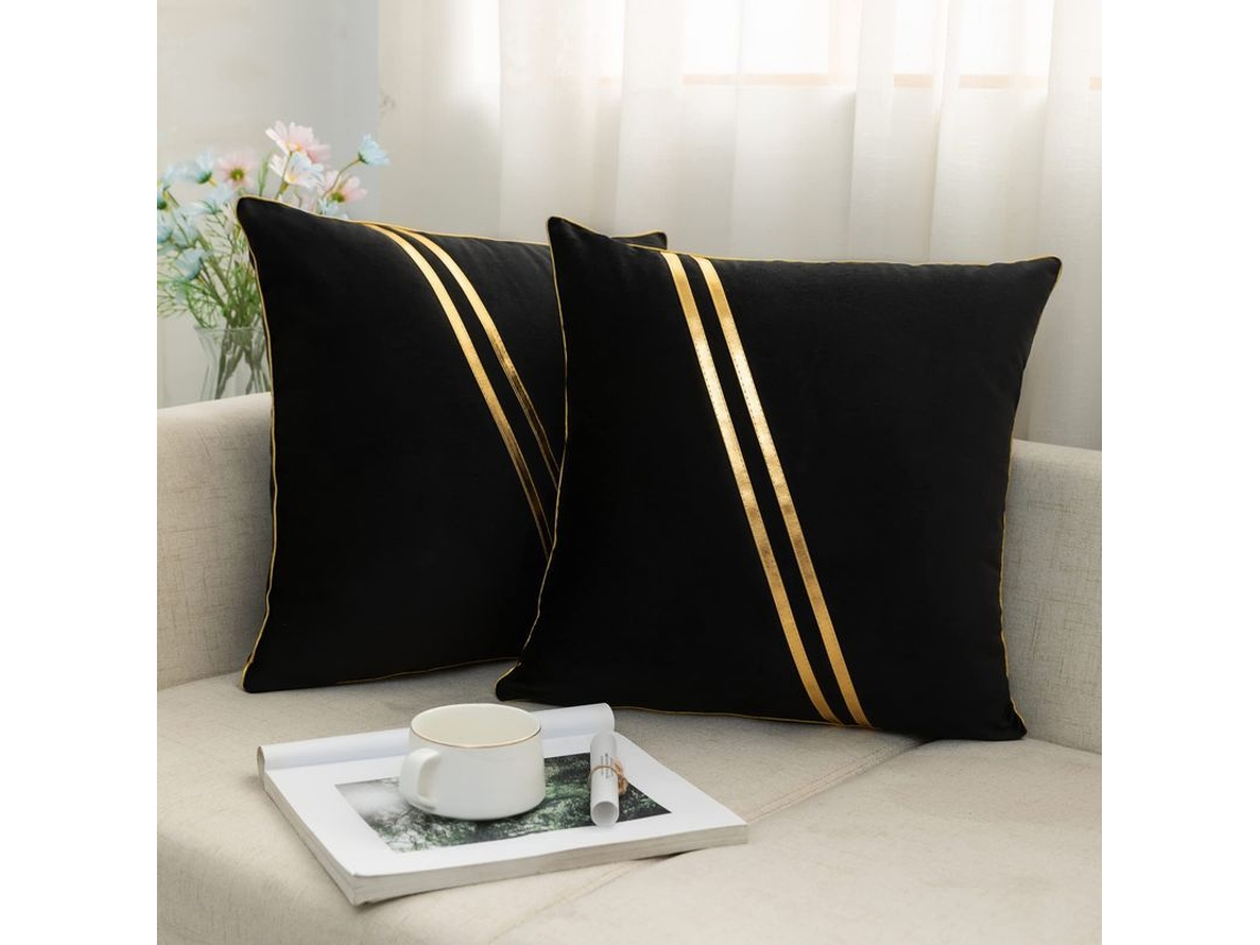 2026 funda de Almofada de Terciopelo com Tira de Couro Dourado, 2 Peças 45x45cm Preto
