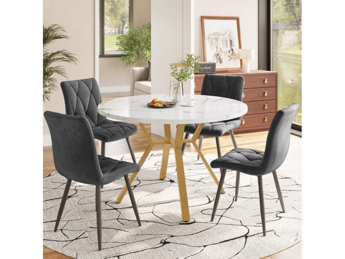 Conjunto Moderno de Mesa Jantar Redonda (5 Peças), Mármore, Pernas Douradas, 4 Cadeiras Ergonômicas Veludo Cinza