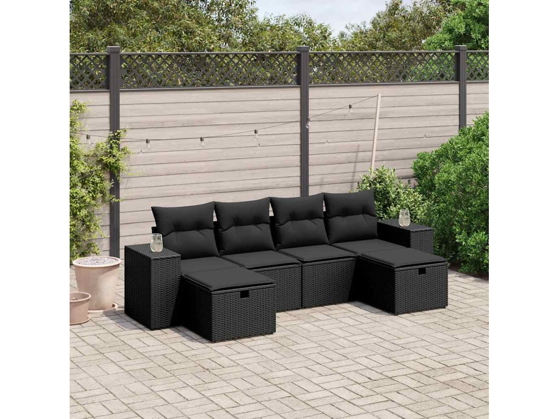 Vidaxl 6 Pcs Conjunto Sofás De Jardim C/ Almofadões Vime Pe Preto
