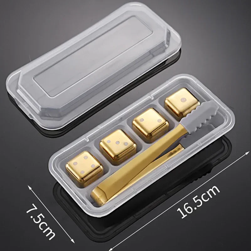 Cubos de Gelo Reutilizáveis de Aço Inoxidável, Congelamento Rápido, Metal de Qualidade Alimentar MDUG (ouro, 4pcs, com Grampos)