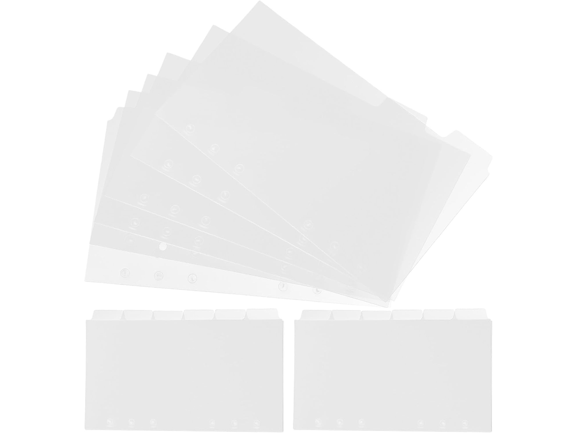 Divisórias perfuradas A6 para pastas, 6 dobras, 18 folhas transparentes de PVC, divisórias para cadernos e blocos de anotações.