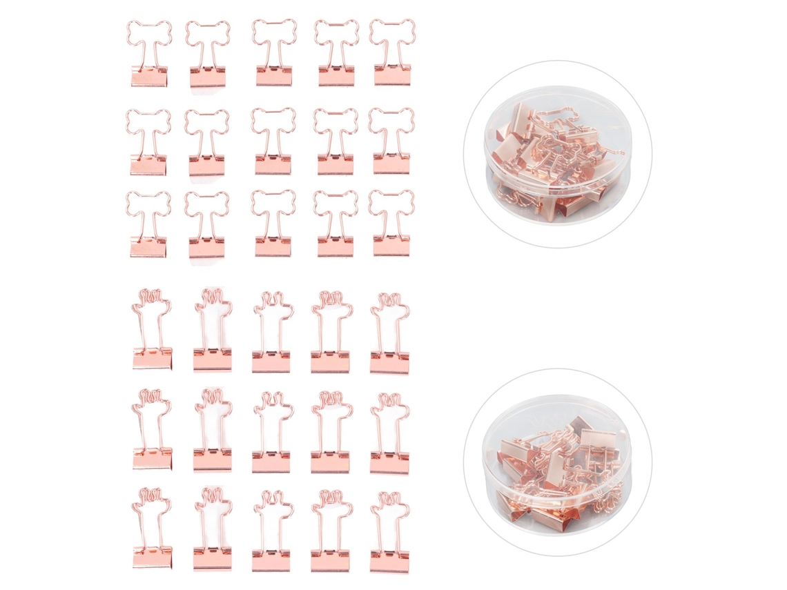 30 Pinças De Pasta Com Força De Fixação Deer Bone Forma De Cabo Ouro Rosa Com Caixa Para Escola E Escritório