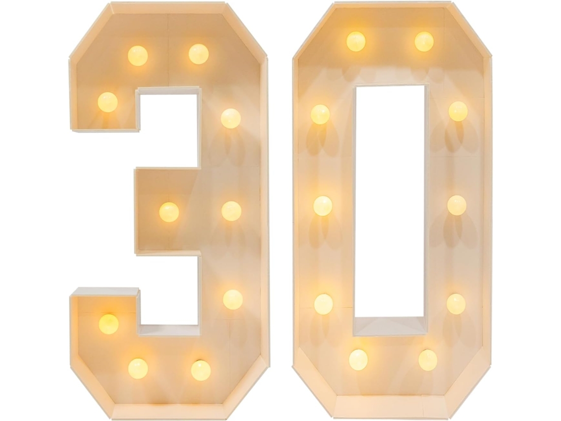 Placa de aniversário gigante branca com o número 30, iluminada com mosaico de LED, 100 cm de altura.