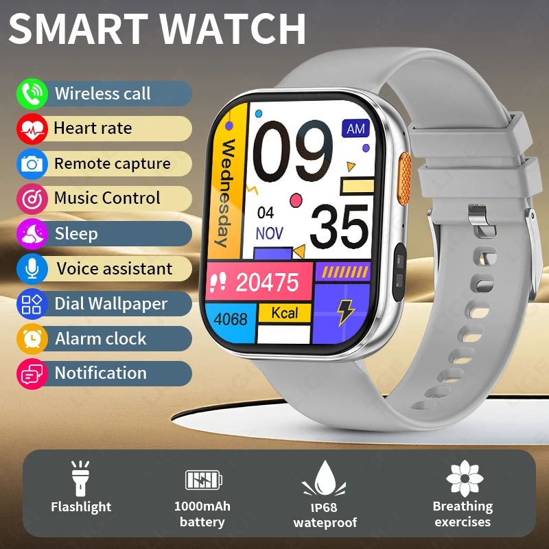 Smartwatch MDUG com tela AMOLED de 2.04 polegadas, chamadas Bluetooth, monitor de saúde, IP68, prateado