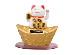 Ornamento Gato Da Sorte Energia Solar Branco Com Caracteres Chineses