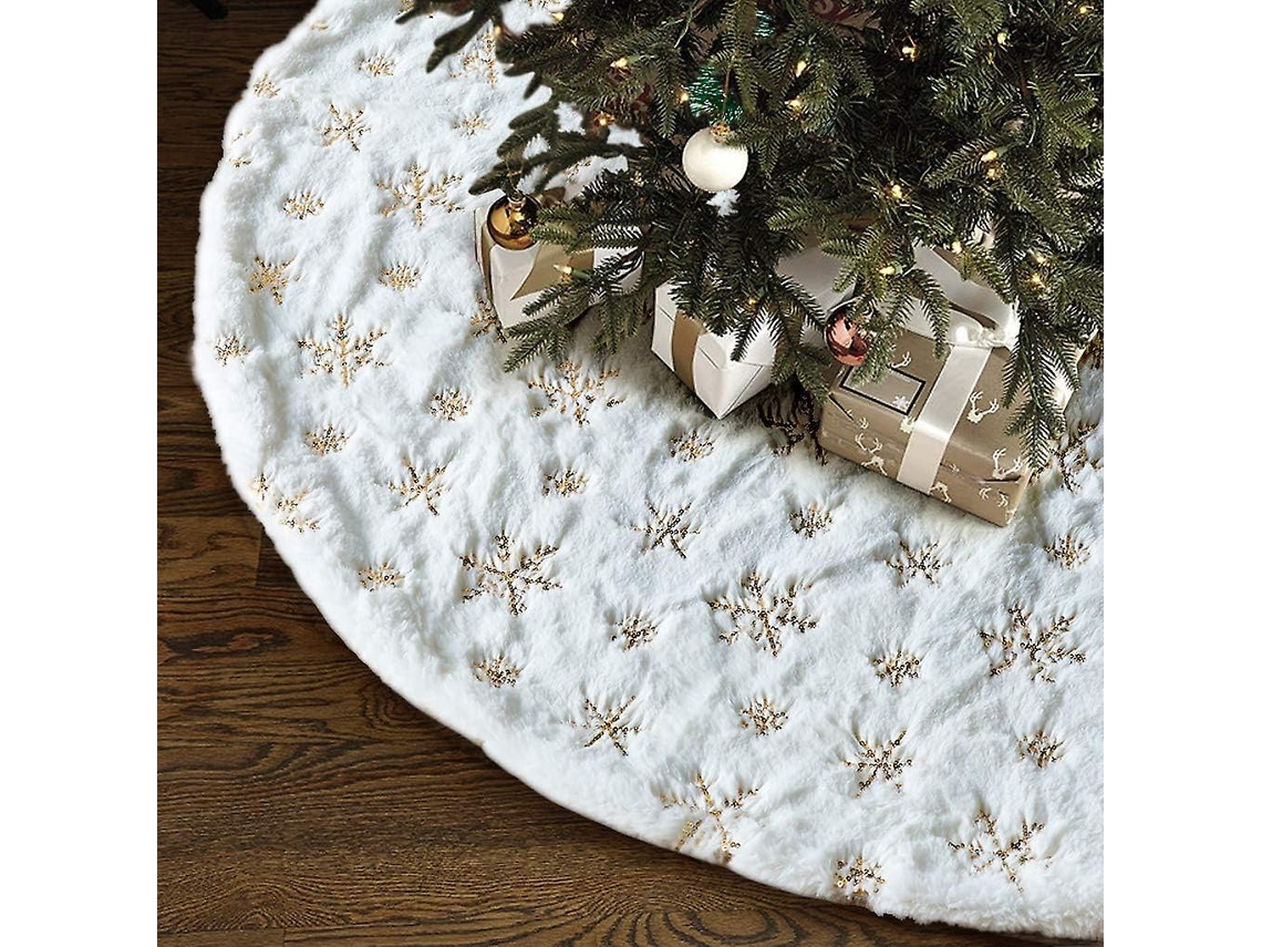 Rebe falda para Árvore de Natal de 122 Cm, Luxuosa Couro Sintético Branco e Dourado, Espessa e Macia, Decoração Natalina