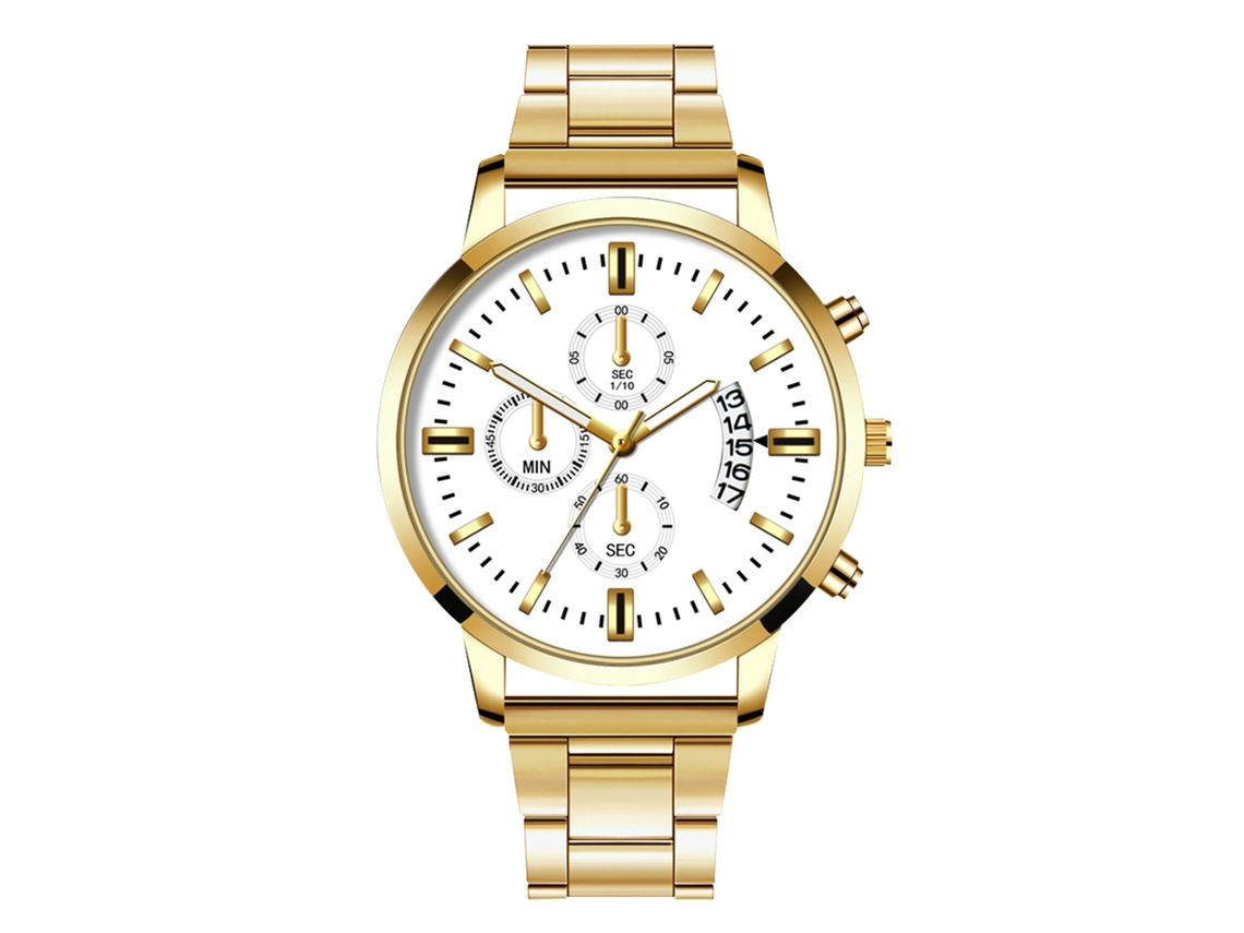 Relógio masculino de quartzo com calendário, mostrador redondo e pulseira de aço banhada a ouro branco.