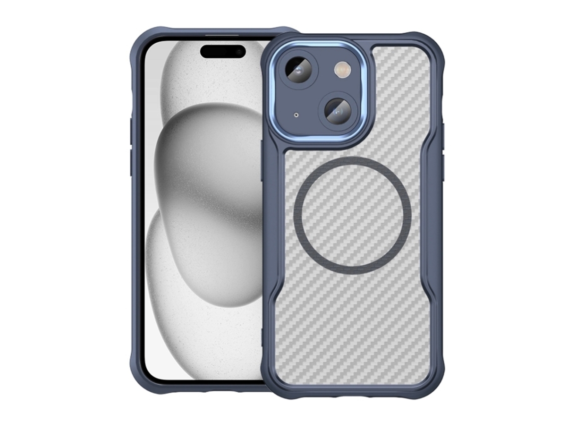 Capa Transparente Para Iphone 15 Plus - Textura De Fibra De Carbono - Magsafe