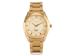 Relógio masculino com cristais de strass, pulseira de aço inoxidável e movimento de quartzo dourado.