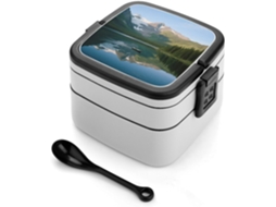 Lancheira Bento De Camada Dupla Com Estampa Lagos E Montanhas Para Adultos, Com Colher E Alça, À Prova De Vazamentos
