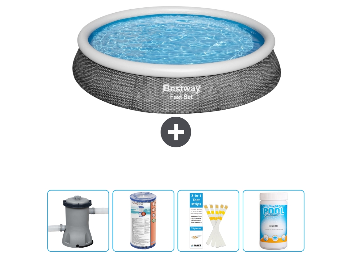 Piscina Inflável Redonda BESTWAY de Conjunto Rápido Estampa de Rattan 396 X 84 Cm Incluindo Bomba Filtro Tiras de Teste Cloro
