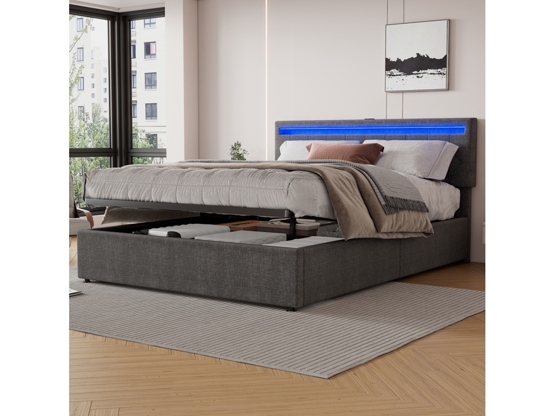 Cama 160x200 Com Led Usb-c E Arrumação Cinza