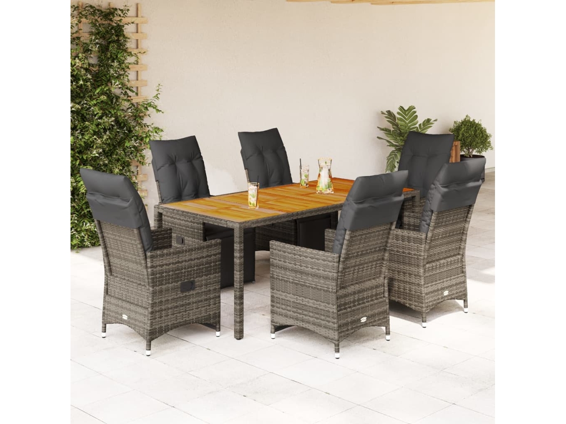 Vidaxl 7 Pcs Conjunto Bistrô De Jardim C/ Almofadões Vime Pe Cinza