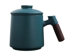 Xícara de chá de cerâmica 2026 com infusor e tampa, cabo de madeira, 400ml, textura retrô.
