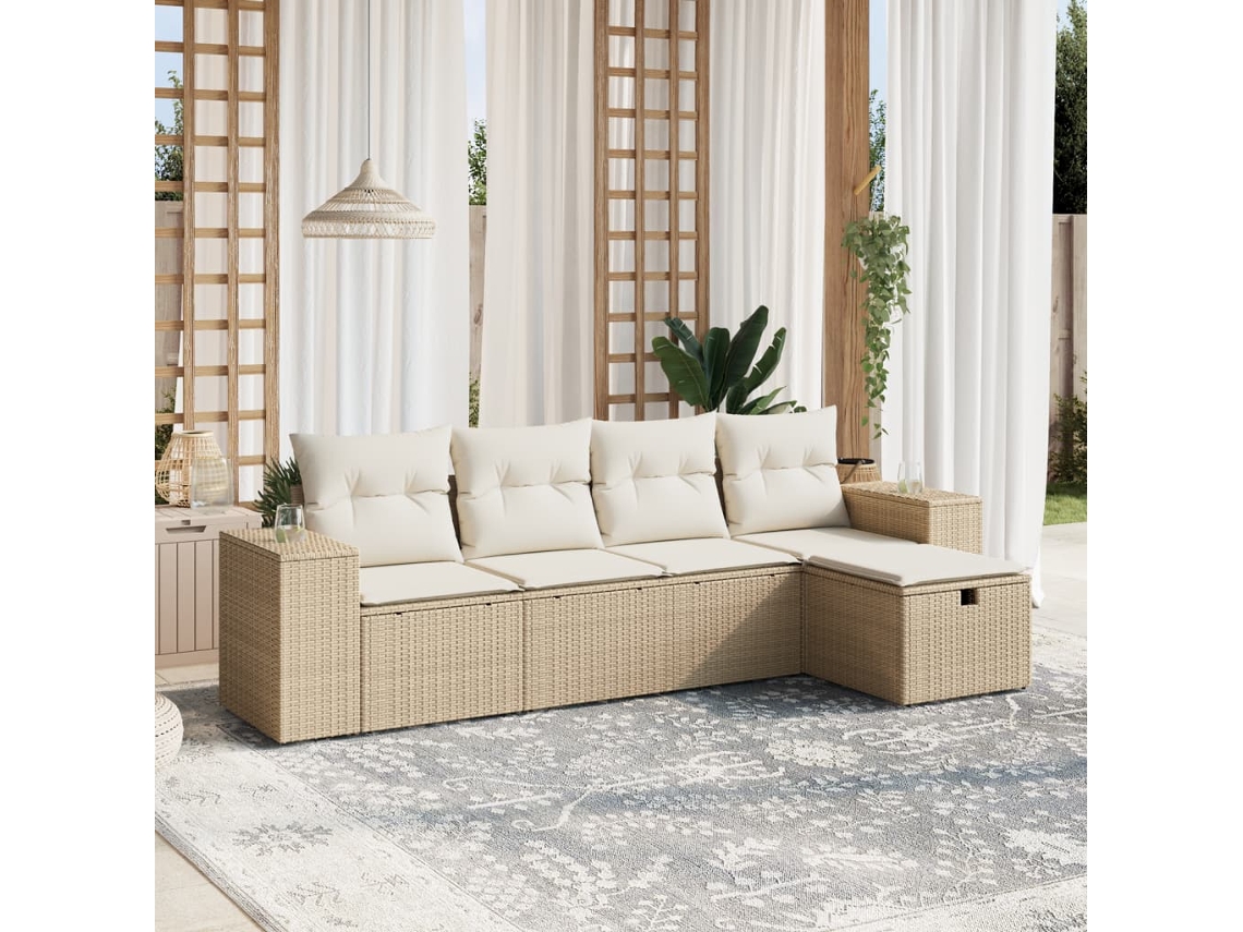 Vidaxl 5 Pcs Conjunto De Sofás P/ Jardim Com Almofadões Vime Pe Bege