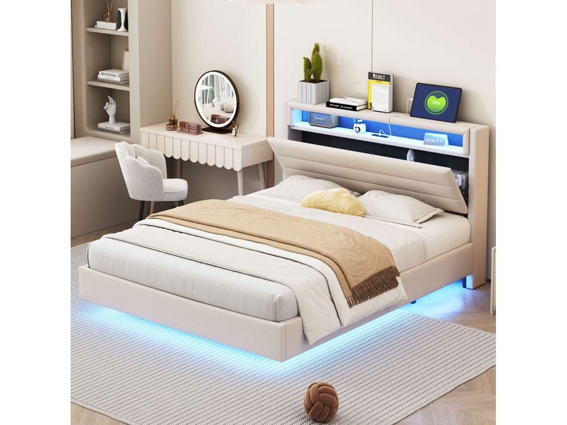 Cama Casal Bege 140x200cm Estofada, Linho, Usb, Led, Cabeceira Reversível, Ripas. -op