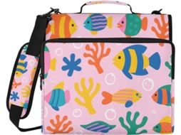Pasta organizadora de mesa com 3 argolas e alça, estampa de peixes tropicais subaquáticos, fácil de transportar e