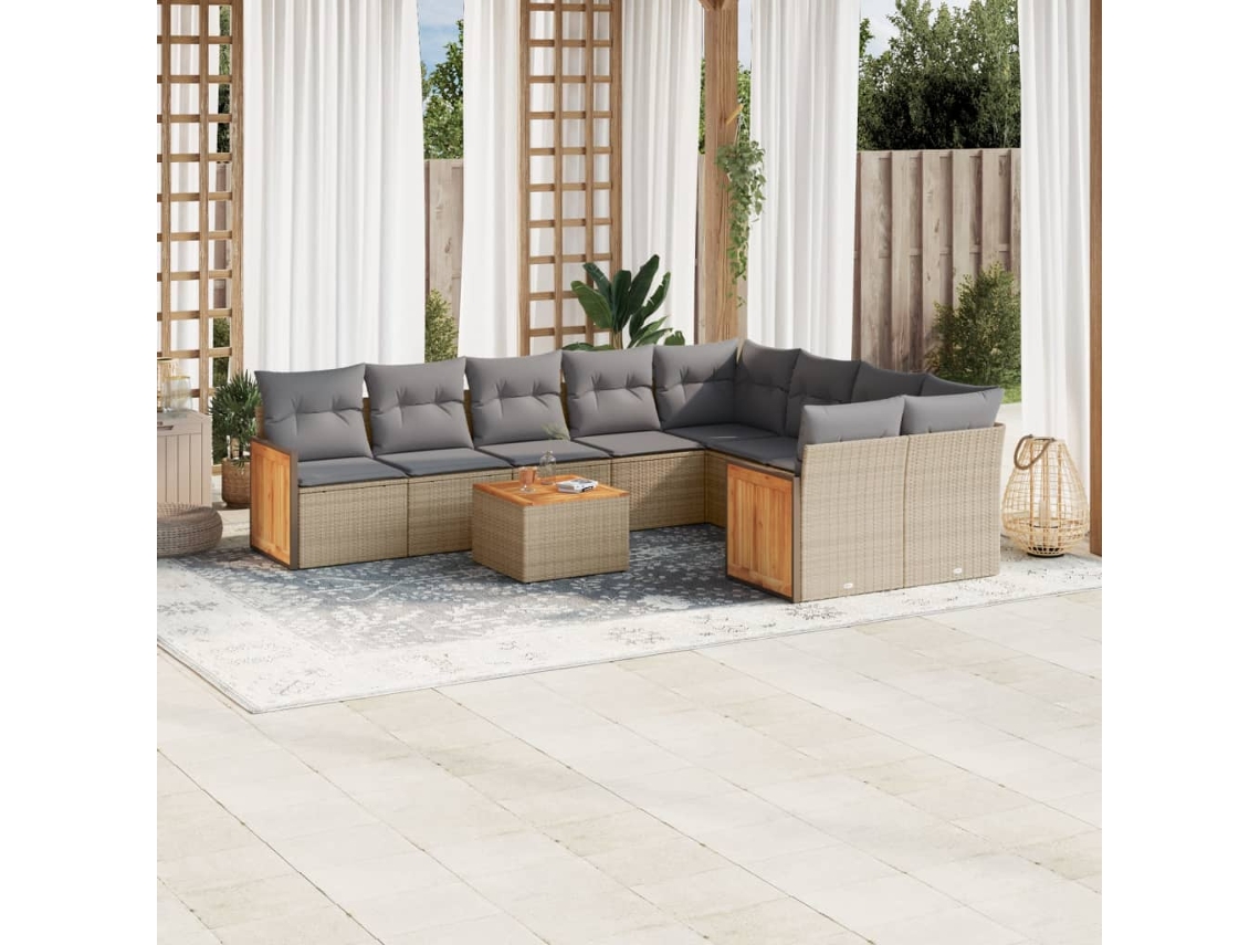 Vidaxl 10 Pcs Conjunto De Sofás P/ Jardim Com Almofadões Vime Pe Bege