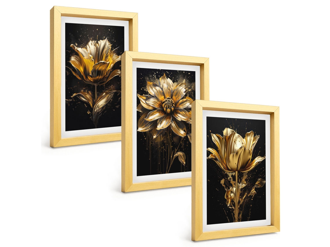 Quadros Decorativos Para Paredeflores, Amarelo, Fundo Escuro Moldura Dourada Quadros Para O Escritório Espelharte (3 Peças 20x30 Cm)