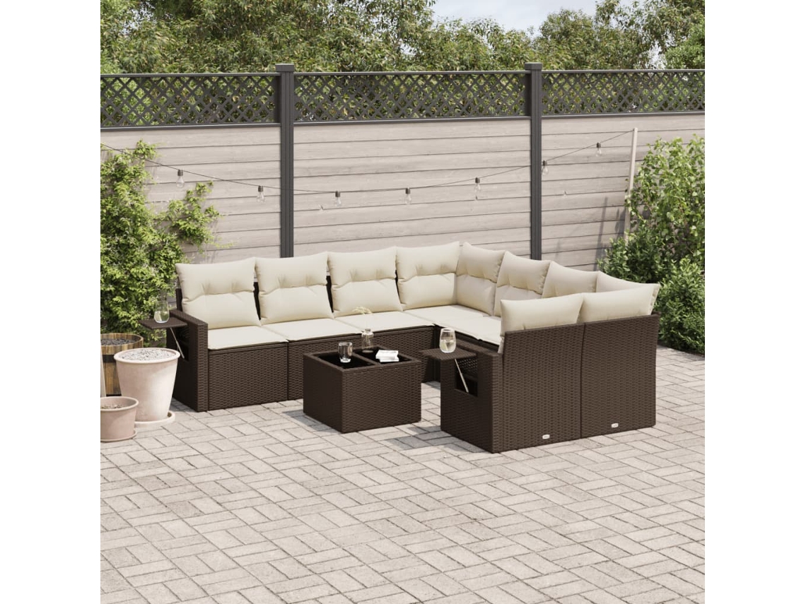 Vidaxl 9 Pcs Conjunto Sofás P/ Jardim C/ Almofadões Vime Pe Castanho