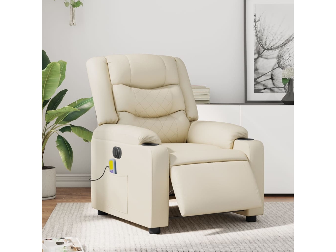Poltrona massagens reclinável elétrica couro artificial creme