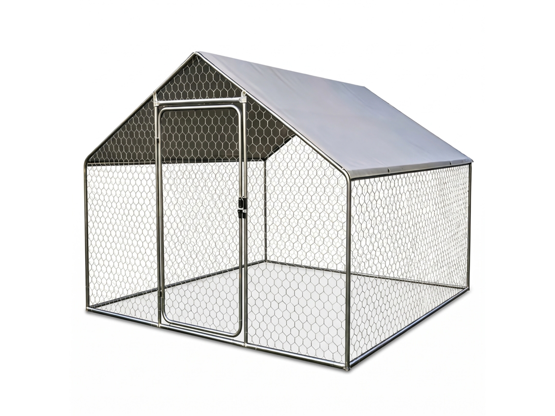 Recinto Exterior Relaxdays, A X L X P: 2 X 2 X 3 M, Cobertura Solar, Fecho, Pequenos Animais, Aves, Galinheiro, Prateado