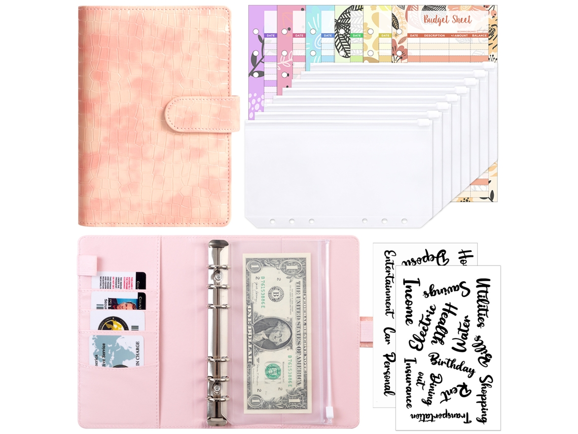 A6 Crocodile Pattern Pu Leather Ring Binder Notebook, Zipper Pocket Cash Budget Planner, Pink, With 8-zipper Pockets
