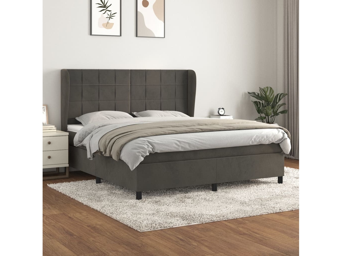 Cama Com Molas/colchão 180x200 Cm Veludo Cinzento-escuro