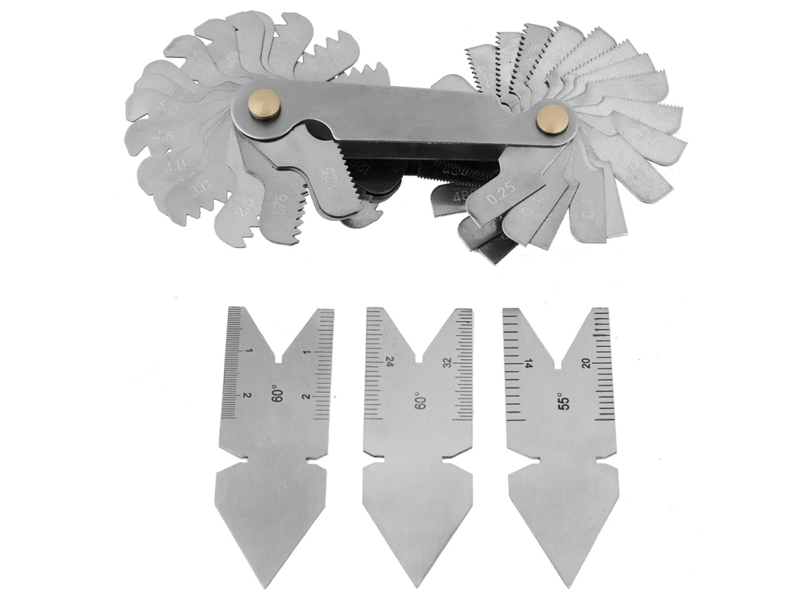Conjunto De Ferramentas De Medição De Rosca: Calibre De Passo De Rosca Com 52 Lâmina + 3 Calibres Centrais (2x60°+1x55°)