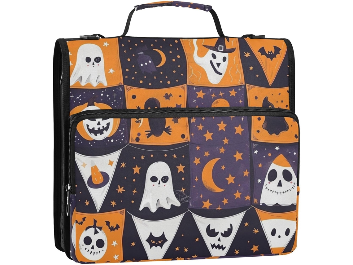 Organizador com Bandeirinhas Elementos de Halloween, 3,8 Cm, 3 Argolas, Alça Ombro e Mão, Capacidade Armazenam