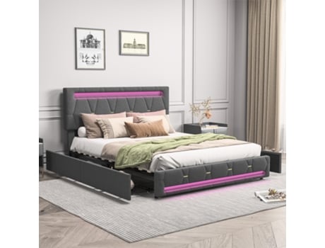 Cama Estofada 160x200, Cama De Casal Com App Control Led E 4 Gavetas, Camas De Arrumação, Linho, Cinza, Sem Colchão Rosahqnda