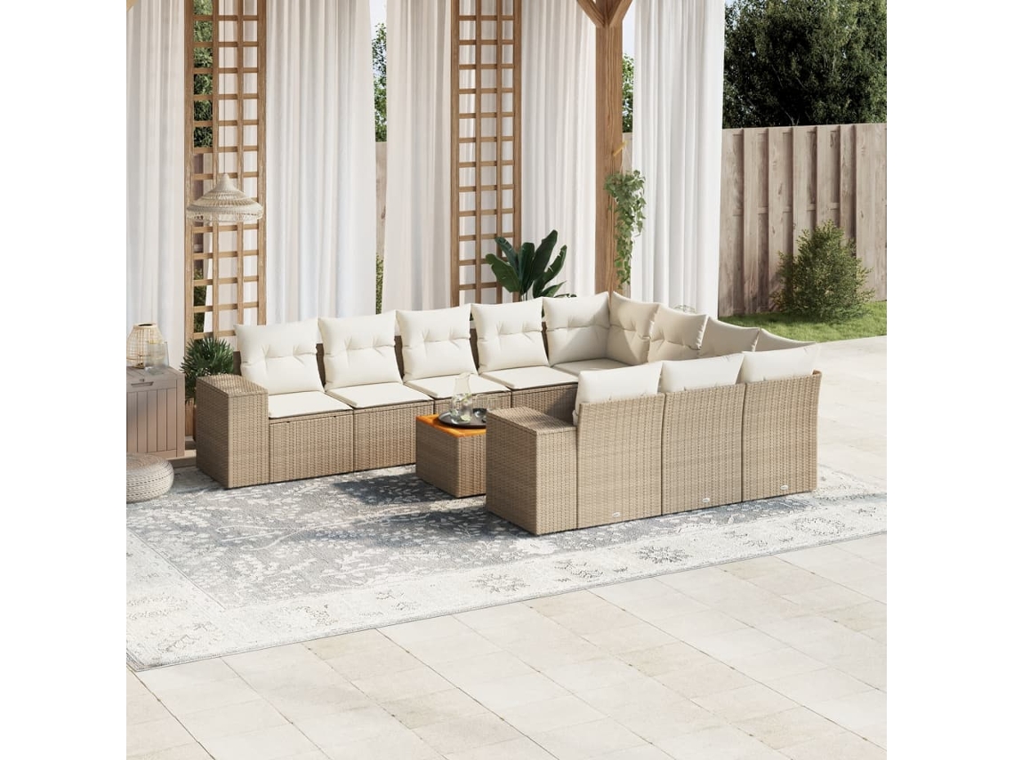 Vidaxl 11 Pcs Conjunto Sofás De Jardim C/ Almofadões Vime Pe Bege