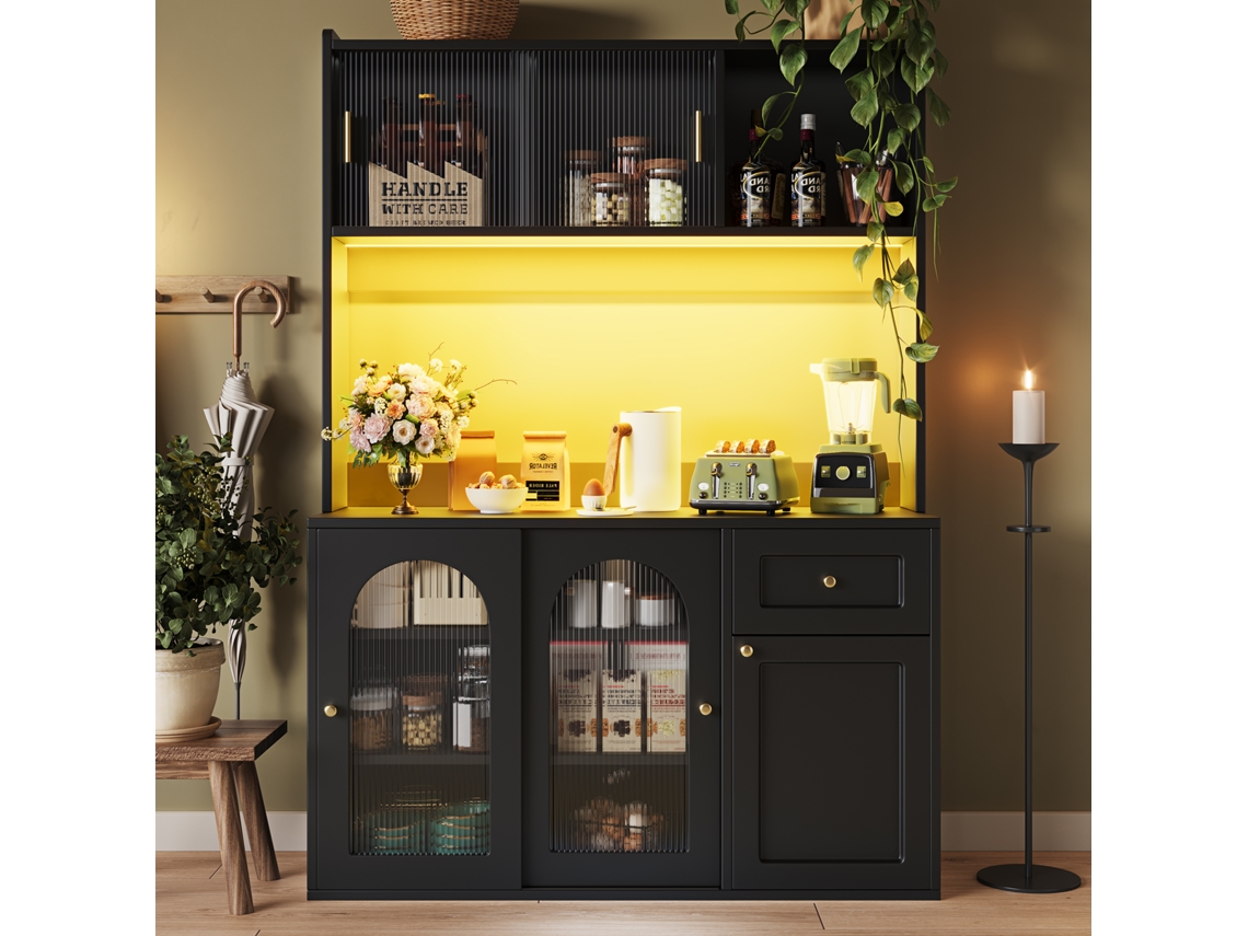 Armário De Cozinha, Armário Alto, Vitrine, Buffet Com Prateleiras Ajustáveis, Armário De Jantar, Aparador Com Iluminação Led, Preto-hm