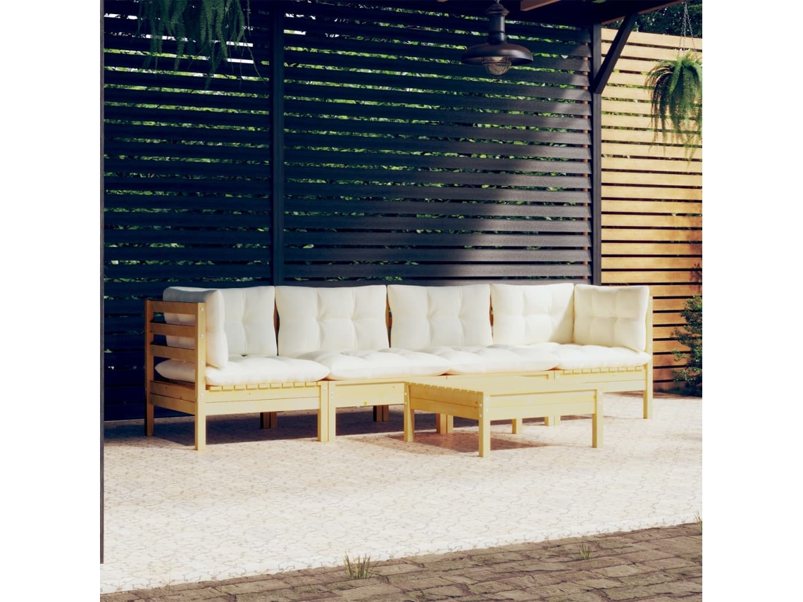 Vidaxl 5 Pcs Conjunto Lounge Jardim C/ Almofadões Creme Pinho Maciço